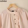 VONDA Women Short Sleeve Side Buttons Up Ruffled Solid Casual Blouse