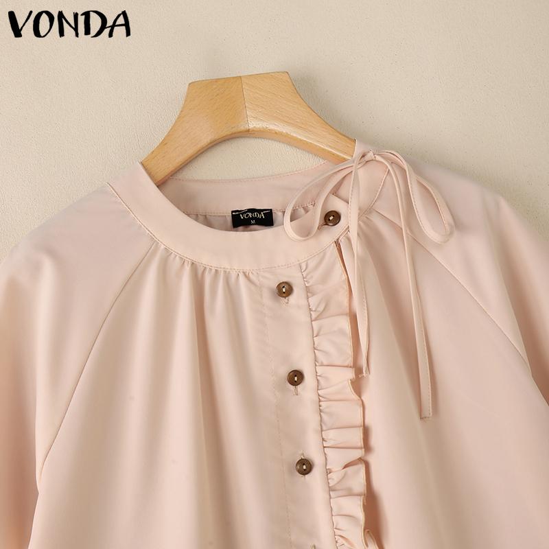 VONDA Women Short Sleeve Side Buttons Up Ruffled Solid Casual Blouse