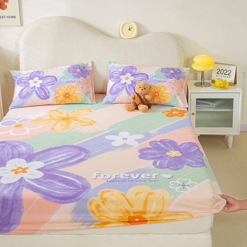 New Purple Flowers Fitted Sheet Set 100% Cotton Printed Fitted Sheet Pillowcases for Kids Boys Girls Bedroom Decor Bedding Set