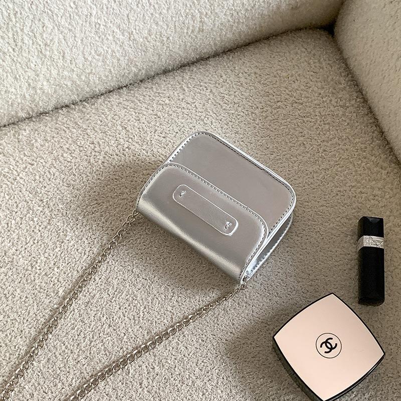 Silver Bag Mini Shoulder Minimalist Style Small Square Bag Fashionable Cute Leather Lipstick Messenger Chain Bag Female