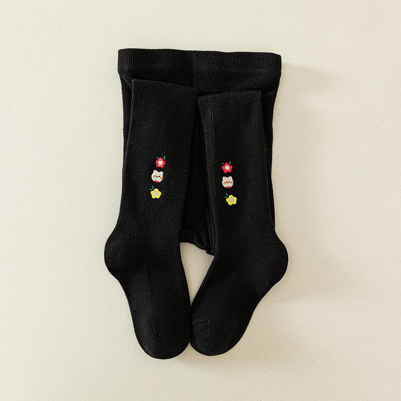 2025 Kids' Spring/Autumn Cotton Leggings - Cute Solid Color Embroidered Tights for Girls