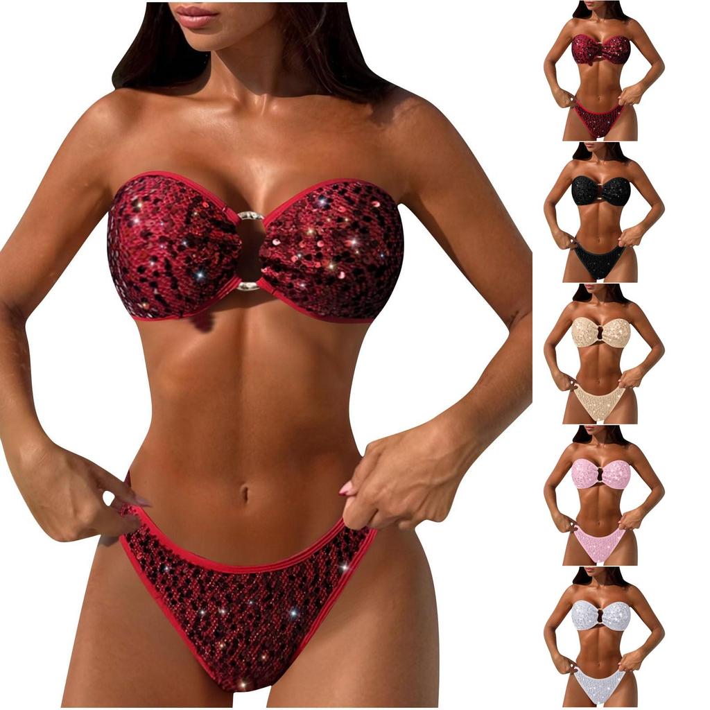 Zweiteilige Damen-Pailletten-Bikini-Sets O-Ring -Farbe Sexy Trägerloser Bikini