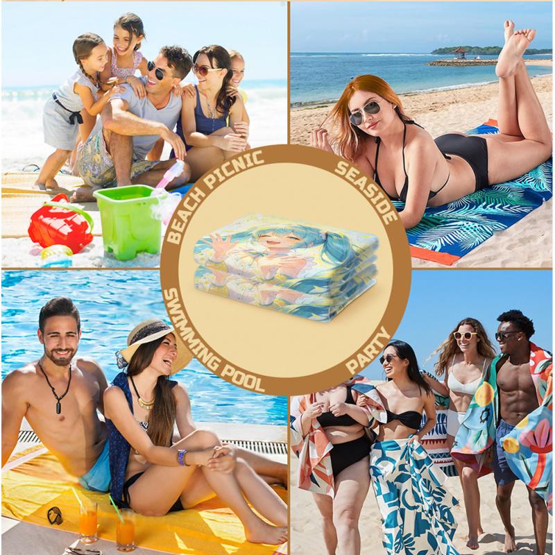 Hatsune Miku Anime Beach Towel, Quick Dry Absorbent Towel, Fresh Green Anime Towel for Beach Swimming, Summer Gift