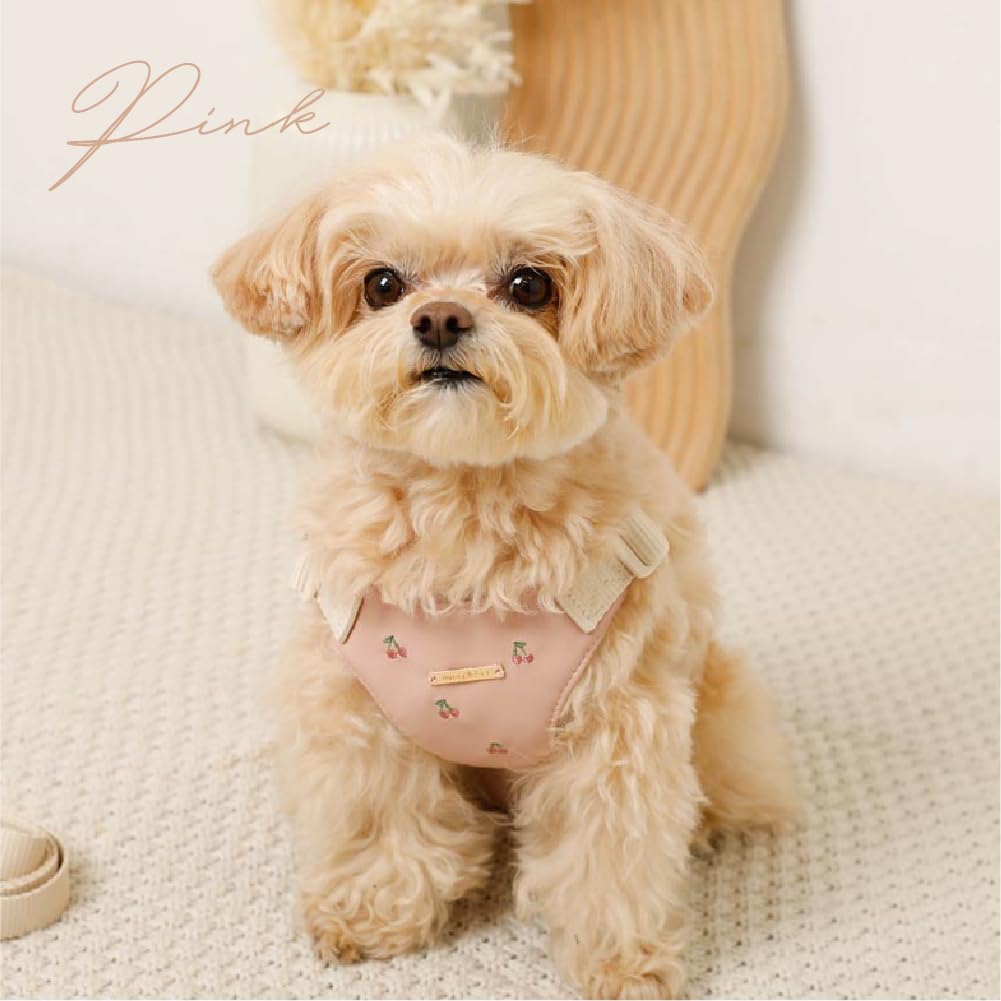 Besticktes Geschirr und Leine Hundegeschirr für kleine Hunde Verstellbar Einfach an- und auszuziehen mit einem für Spaziergänge und Ausflüge monchéri [Kirsch-Set]