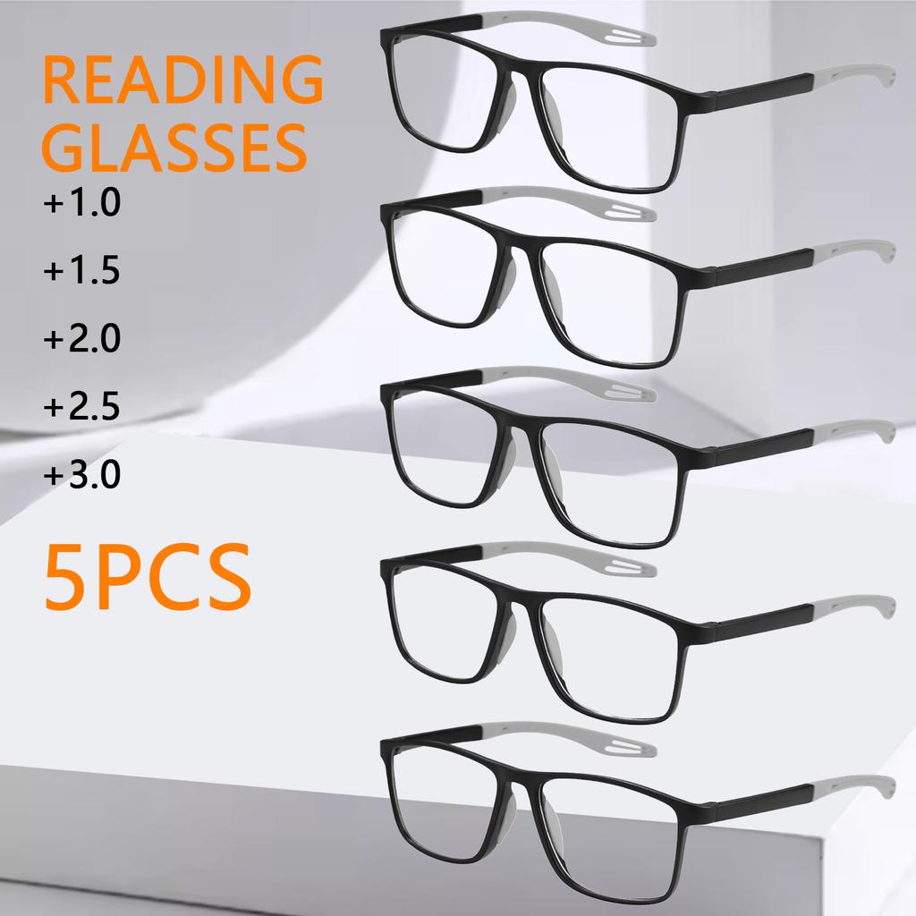 5PCS Unisex Reading Glasses Ultralight Sports High Definition Square Reading Glasses Prescription Eyeglasses Diopters +1.0 To +3
