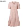 ZANZEA Women Summer Casual V-Neck Solid Color Short Sleeve Dress