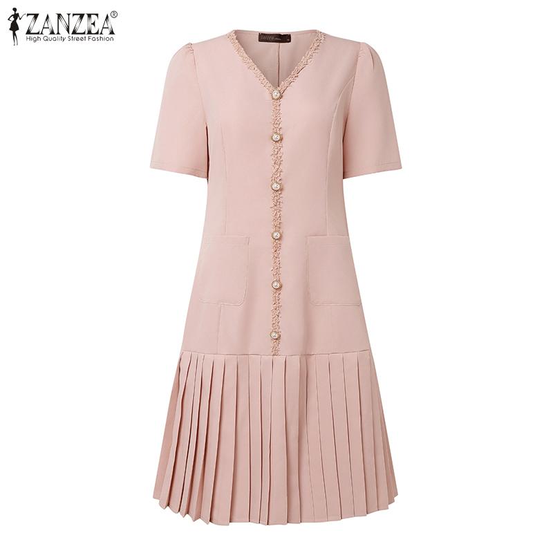 ZANZEA Women Summer Casual V-Neck Solid Color Short Sleeve Dress