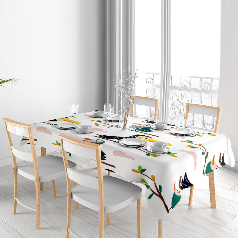 Modern Colorful Birds Tablecloth for Dining Room Decoration 100% Polyester Washable Home Textiles