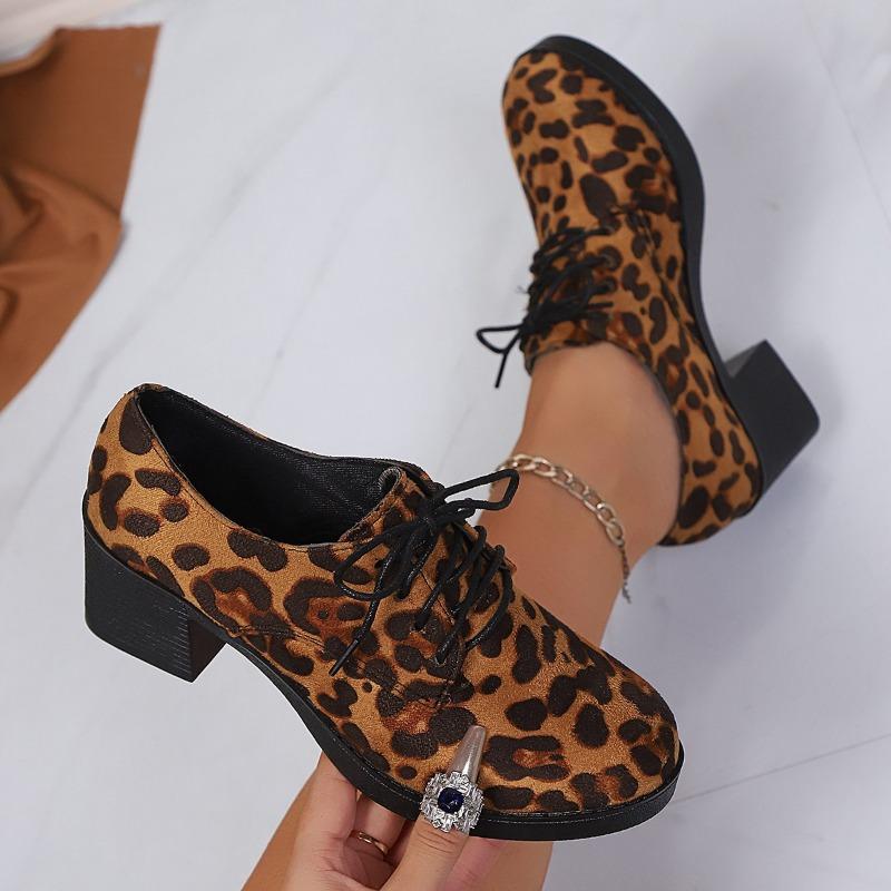 British Style Mid-heel Professional Single Shoe Women's 2025 Autumn New Lace-up Leopard Print Plus-size Retro Leather Shoes
