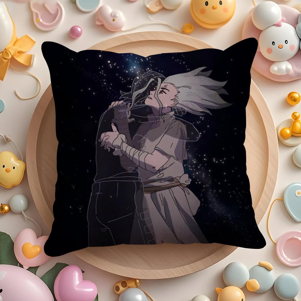 D-Dr.Stone Anime Cushion Cover Plush Fabric Soft Double-Sided Printed Sofa Warm Winter Home Gift Pillow Cover