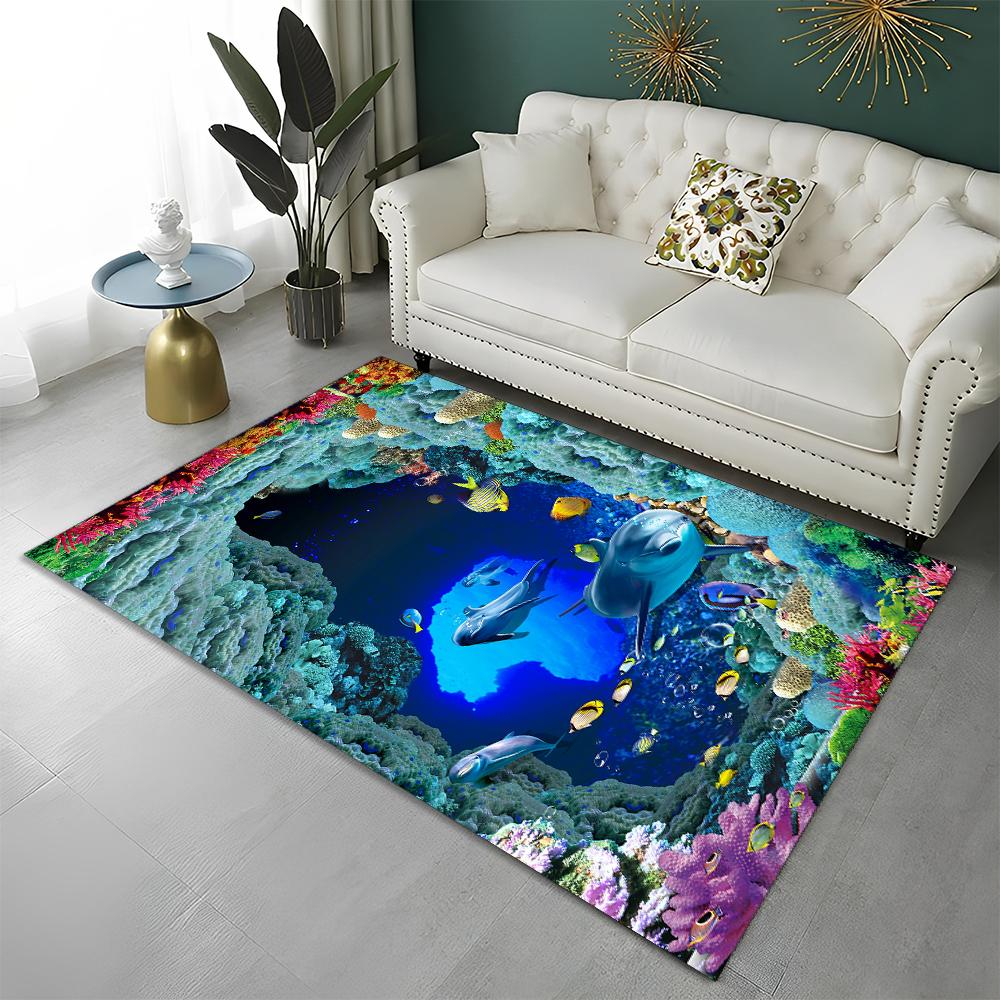 3D Seabed Illusion Underwater World Carpet Rug for Home Living Room Bedroom Sofa Doormat Decor,kids Area Rug Non-slip Floor Mat