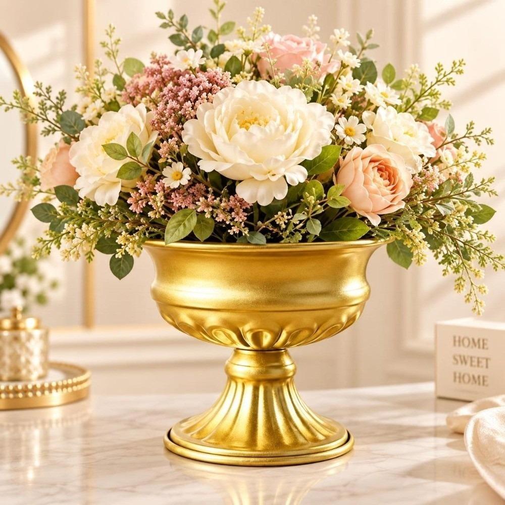 High-footed Design Urn-shaped Vase Metal Material Flower Pot Elegant Metal Vase Home Decor