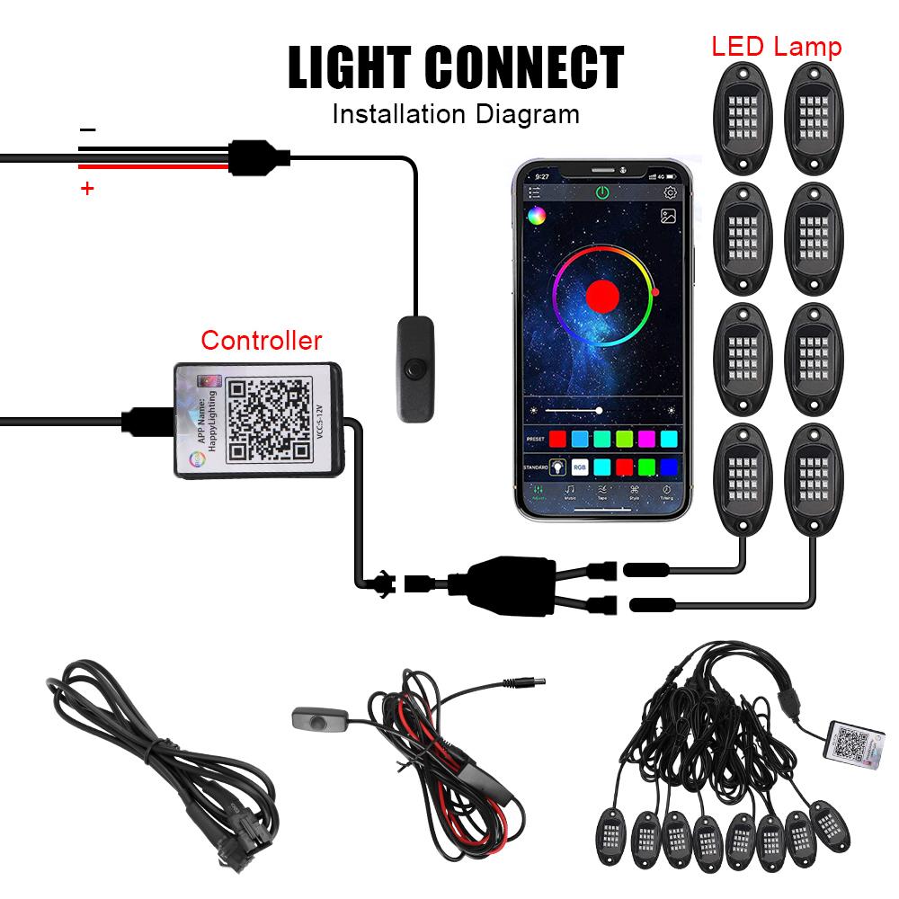 Neon Lamps Music Sync RGB LED Rock Lights Car Chassis Light 4/6/8 In 1 For Jeep Off-Road Truck Boat Decorative Undergolw Bluetooth APP Control