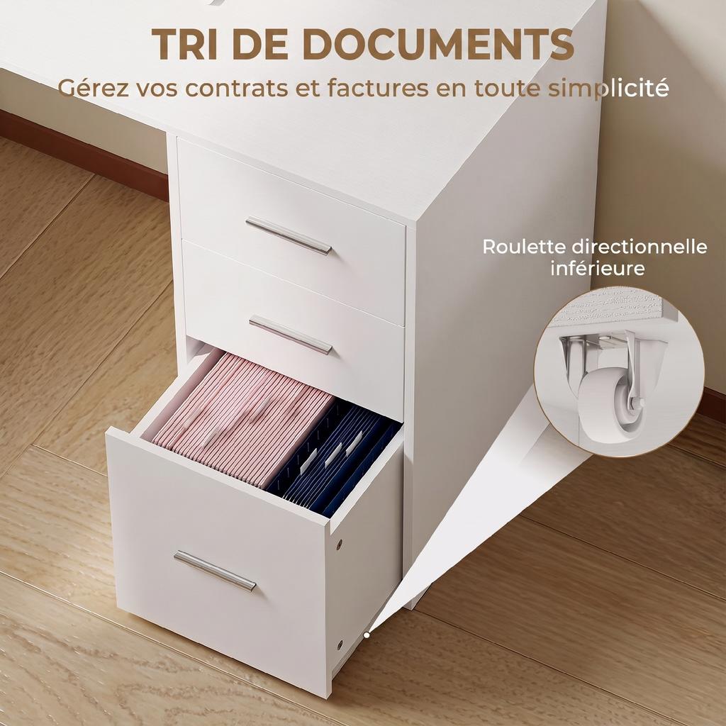 L-Shaped Corner Computer Desk, 3 Drawers, 5 Open Compartments, 140 x 100 x 75 cm, White