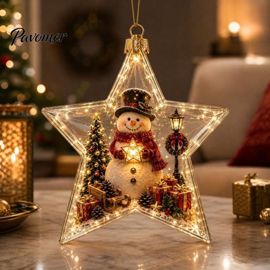 Indoor Outdoor Festive Decor Lighted Christmas Star Ornaments for Holiday Tree Decoration, Acrylic Shatterproof Hanging Home Party with Snowman Design