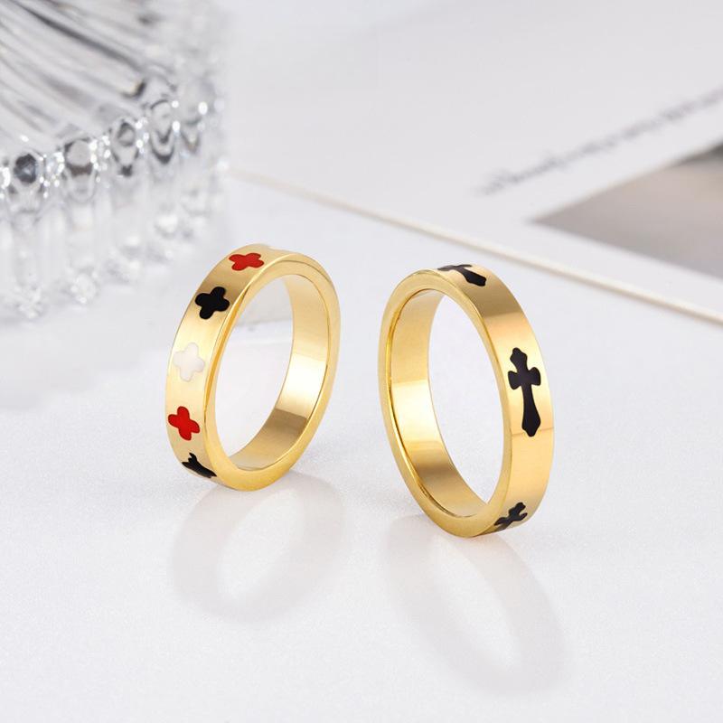 Cross Plum Blossom Oil Drop Ring Titanium Steel Does Not Fade Couple Ring Women's Niche Ins Tide Jewelry