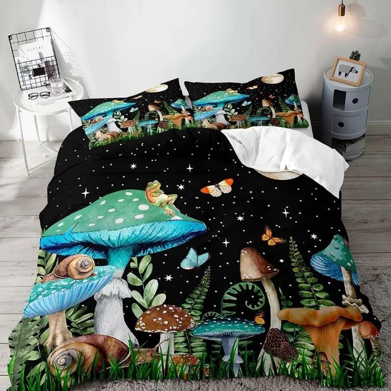 Aesthetic Boho Duvet Cover Full,3PCS  Bedding Set,Green Plant Botanical Fungus Beige Comforter Bedspread Quilt Cover