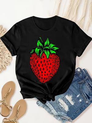 Camiseta Estampada de Morango Feminina Gola Redonda Manga Curta com Design Vermelho e Verde Camiseta Casual de Verão para Atividade Física Camisa de Morango