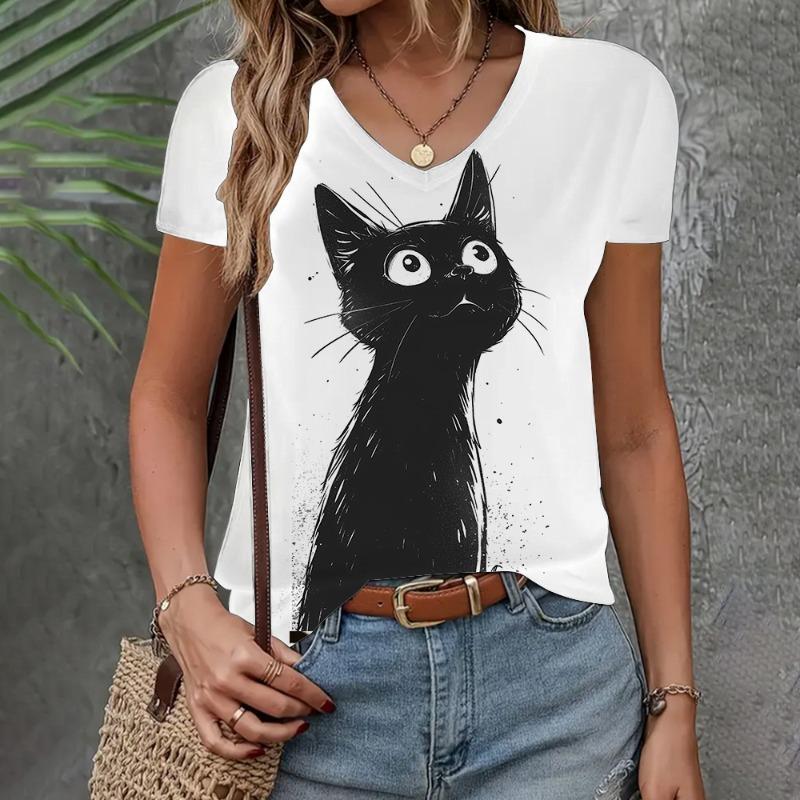 

T-Shirts for Women Cat Print V-Neck Casual Summer Short Sleeve Comfortable Tops Fashion Elegant Animal Graphic Female Clothing L