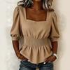 Women Puff Sleeve Smocked Waist Square Neck Blouse Ruffle Hem Solid Color Shirt Casual Top for Daily Wear