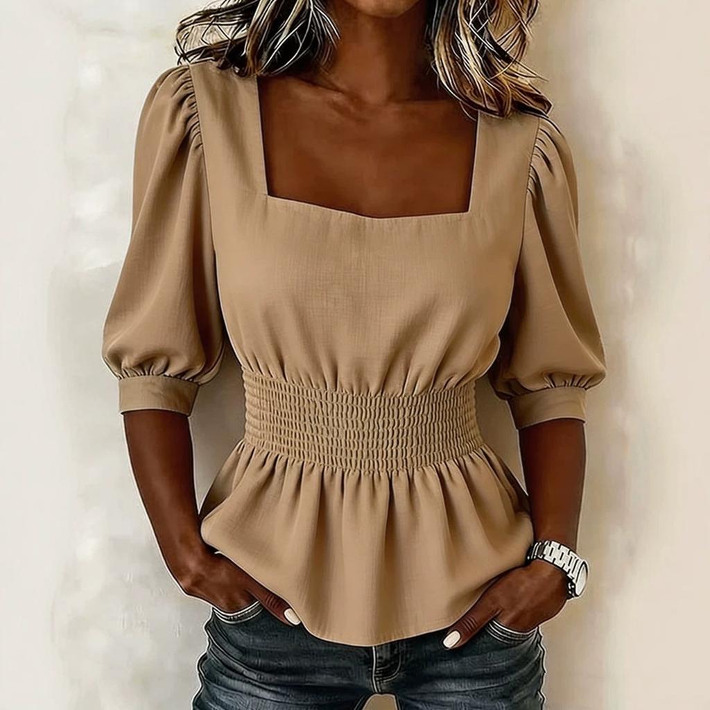 Women Puff Sleeve Smocked Waist Square Neck Blouse Ruffle Hem Solid Color Shirt Casual Top for Daily Wear