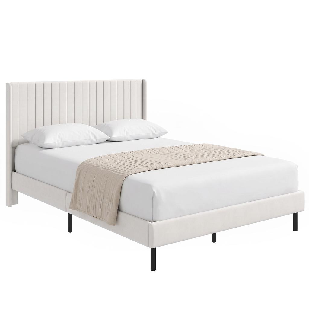 Bed Frame 140 X 200 Cm With Adjustable Headboard Upholstered Bed With 12 Slats Beige