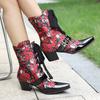 2025 Plus Size Peacock Printed Floral Fabric Patchwork Patent Leather Lace Up Women's Short Boots Belt Buckle Flower Ankle Boots