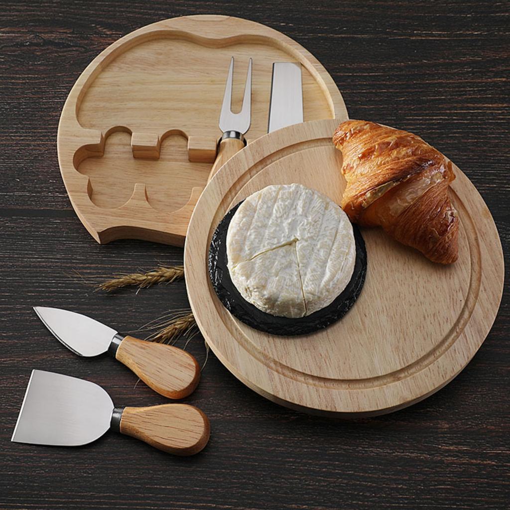 Round Rubber And Wooden Box 4-piece Cheese Knife And Spatula Set, Stainless Steel Cheese Tools And Cutlery Gift Set