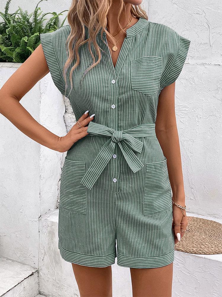 Summer Casual Striped Jumpsuit - Women's Short Sleeve Jumpsuit with Shorts, European & American Style for Trendy Commutes