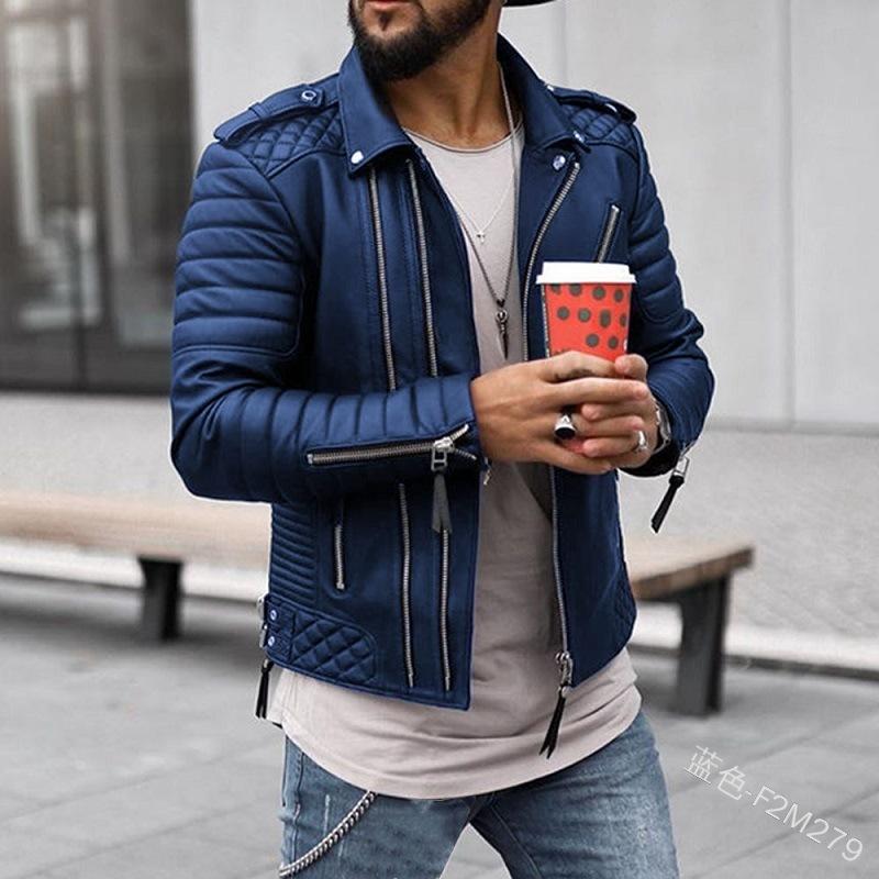 New autumn and winter men's route thickened lapel cotton clothes European and American zipper solid color leather jacket men
