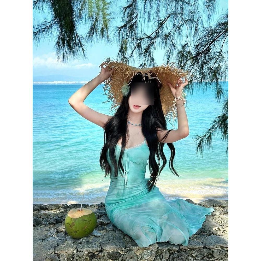 

Французское зеленое платье-сарафан с принтом, женское летнее, с темпераментом, с завышенной талией, для морского отдыха, юбка «рыбий хвост», сетчатая пляжная юбка XL- (recommended 110-60kg)