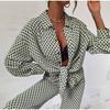 Autumn Elegant Long Sleeve Top And Elastic High Waist Trousers Suit Trouser Suits Loose Stripe Women Shirt Pants Two Piece Set