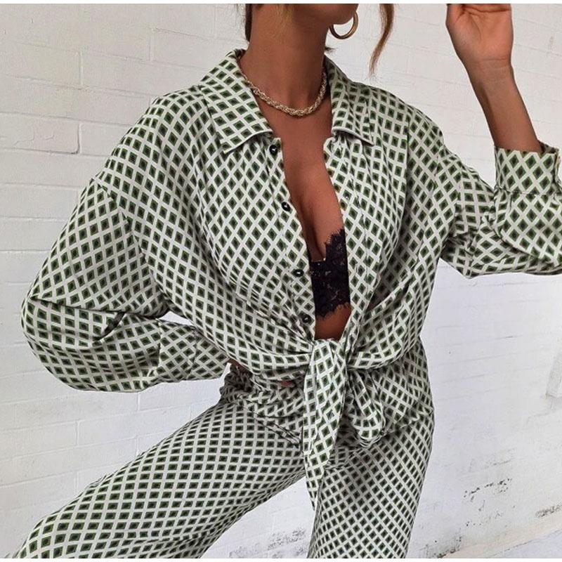 Autumn Elegant Long Sleeve Top And Elastic High Waist Trousers Suit Trouser Suits Loose Stripe Women Shirt Pants Two Piece Set