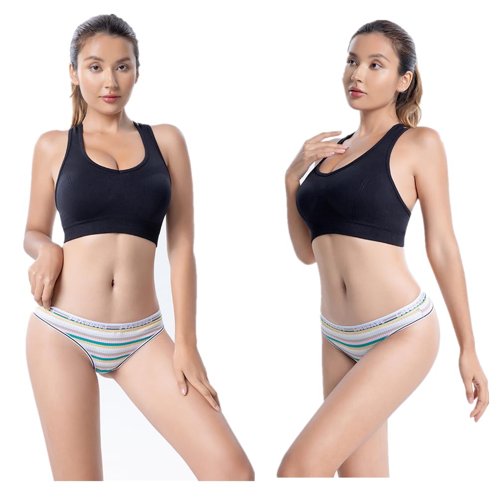 HINICE Ribbed Colorful Sporty Brazilian Striped Pack of 5 Women's T-Back Panties, Cotton, Panties, Print, (Size 3L)