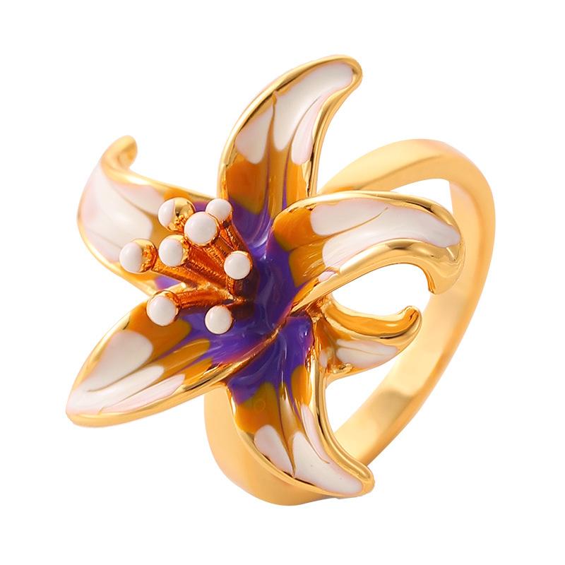 Mori Sweet Temperament Pastoral Style Oil Drop Enamel Glaze Stamen Flower Adjustable Opening Ring High-end Jewelry