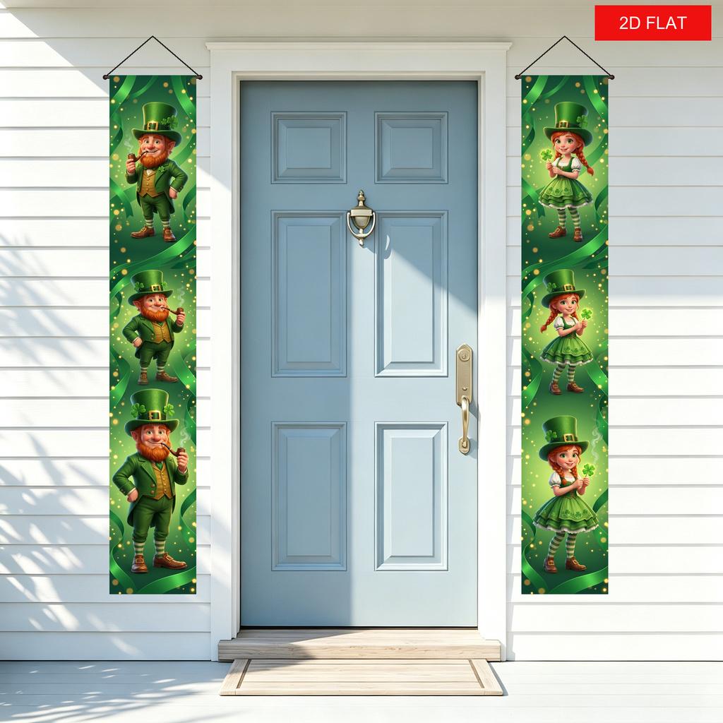 2D Flat, 2D Door Banner 2D Flat, 2D Door Banner 2D Flat Banner, 2pcs St. Patrick'S Day Door Curtain Flags 3D Cartoon Irish Leprechaun Clover Front Doo