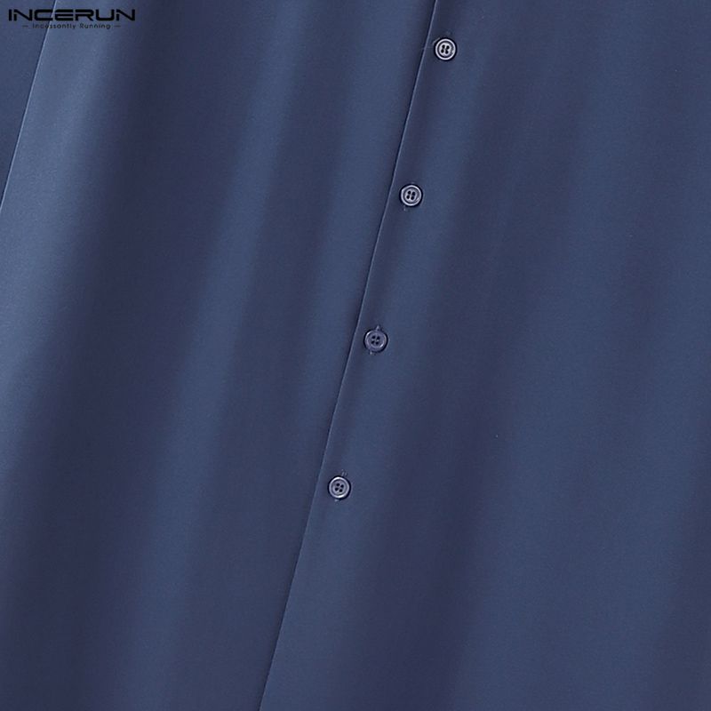 INCERUN Summer Men Stand V Neck Short Sleeve Splits Casual Long Shirts