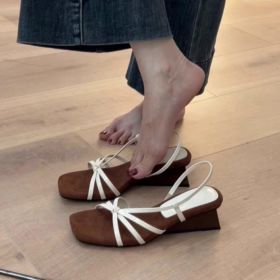 Soft leather version~ French temperament one-word thin strap wedge sandals women's head with skirt open-toed high-heeled Roman sandals
