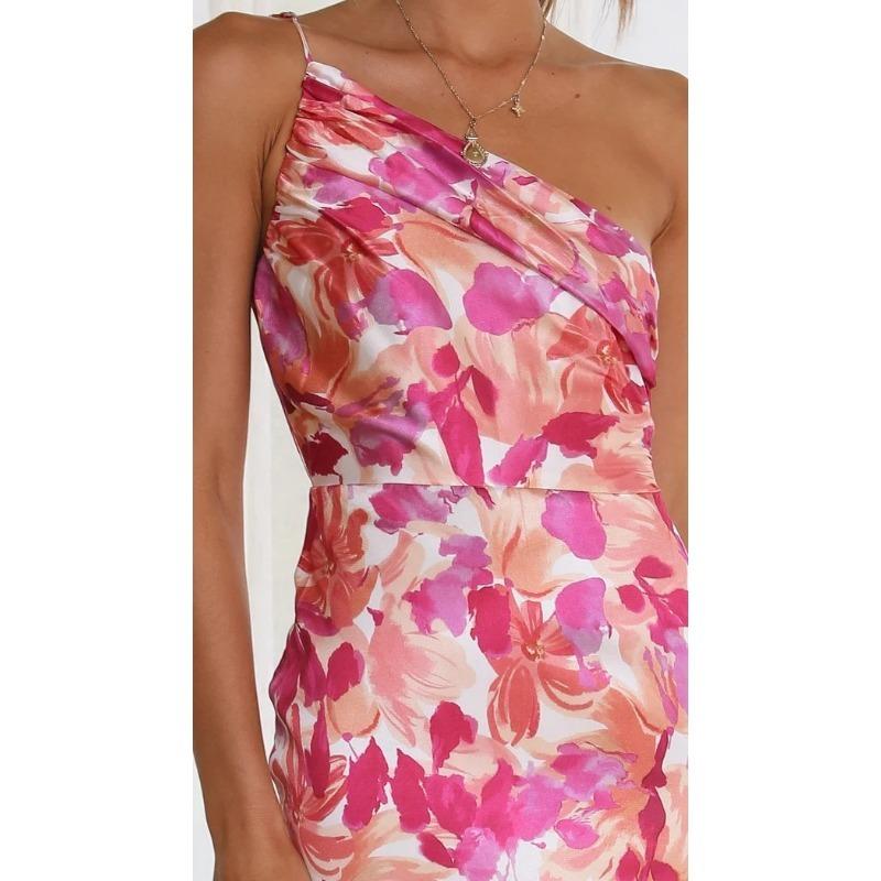 VEZFAA Women's Fashion Summer Spring Flower Pattern Print Sleeveless Oblique Collar High Waist Casual Dresses