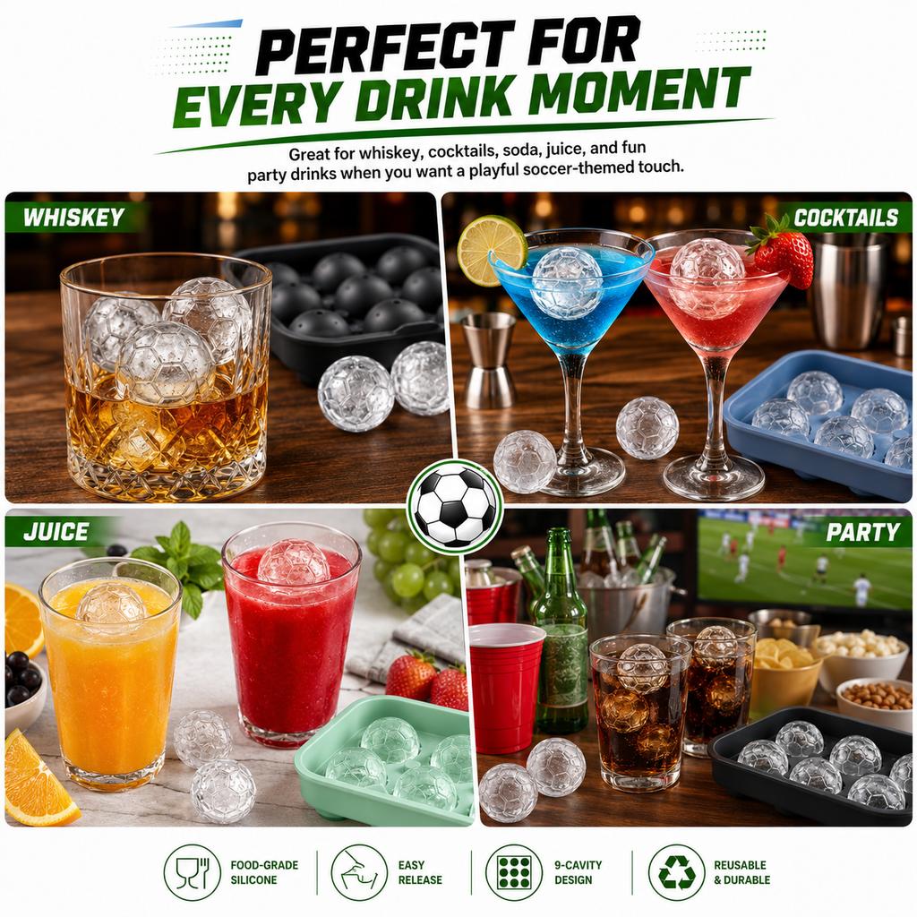 3D Soccer Ball Silicone Ice Cube Maker Tray 9-Cavity Football Ice Sphere Mold For Party Whiskey Cocktails Beverages Ice Trays