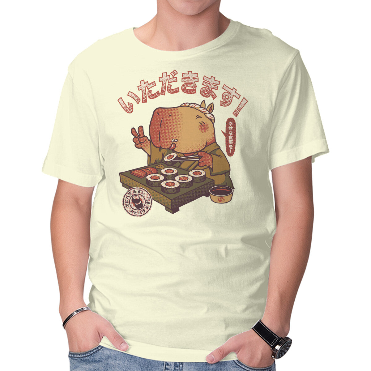 Unisex Crew Neck T-Shirt Sushi Chef Cute Capybara Graphic Short Sleeve Casual Tee M