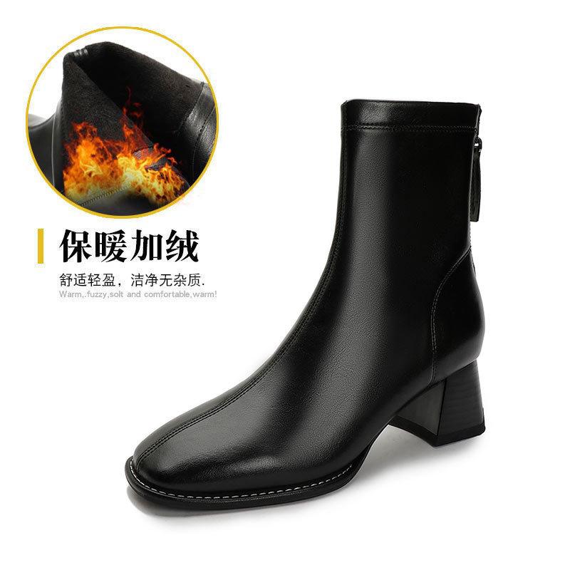 Square Head Short Boots Women's Single Boots New Autumn and Winter Boots Soft Leather Rear Zipper Middle Heel Medium Tube Thin Boots