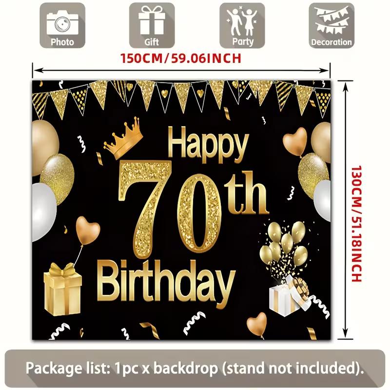 2D Black Gold 70th Birthday Backdrop for Men & Women Party Photoshoot