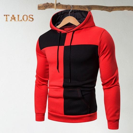 Men Fall Winter Hoodie Colorblock Drawstring Long Sleeves Big Pocket Hooded Retro Thin Loose School Daily Wear Casual Sport Top