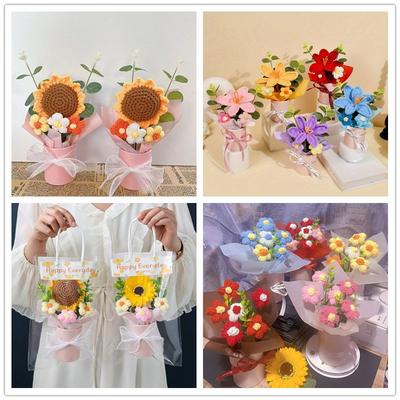 Artificial Flower Crochet Bouquet Knitted Rose Flowers Hugging Bucket Valentine's Day Birthday Gifts Sunflower Daisy Bouquet