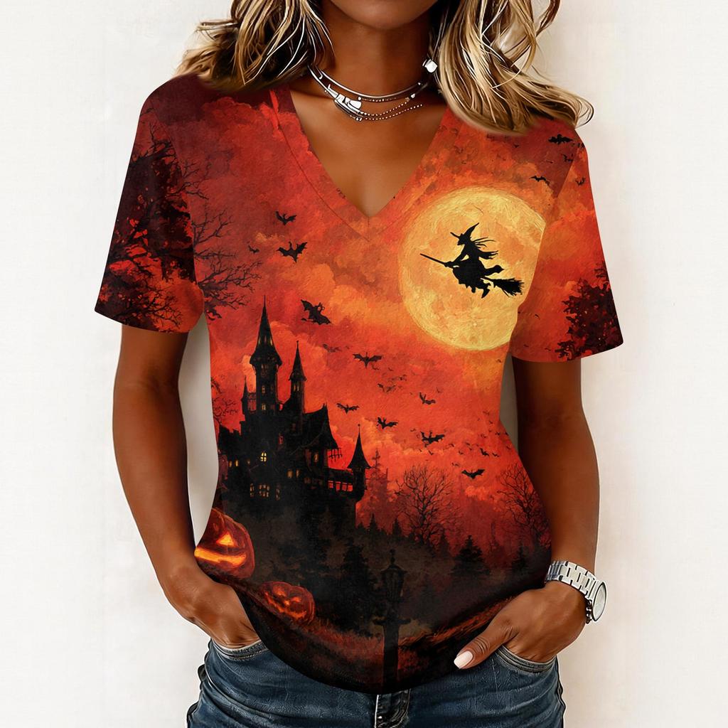 Womens Casual Halloween Print V Neck Pullover Top Short Sleeve Lightweight Shirt for Fall Seasonal Wear