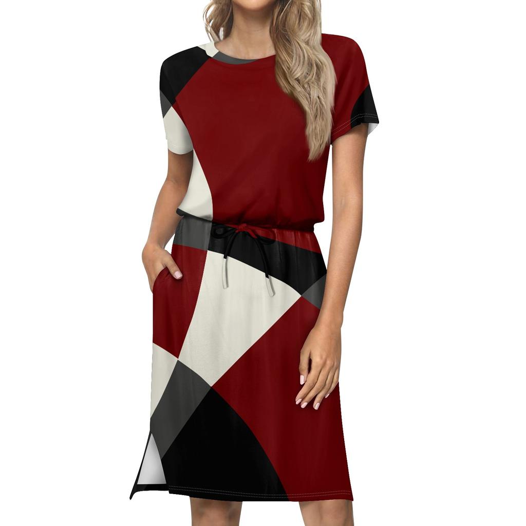 Women's Lashionable Loose Fitting Casual Printed Round Neck Short Sleeved Drawstring Pocket Dress