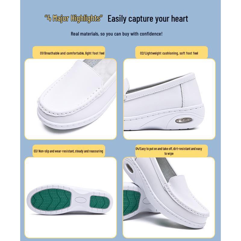 Scarpe da infermiera da donna in pelle di mucca con ammortizzatore ad aria - Traspiranti, Antiscivolo, Suola morbida, Design piatto casual comodo.