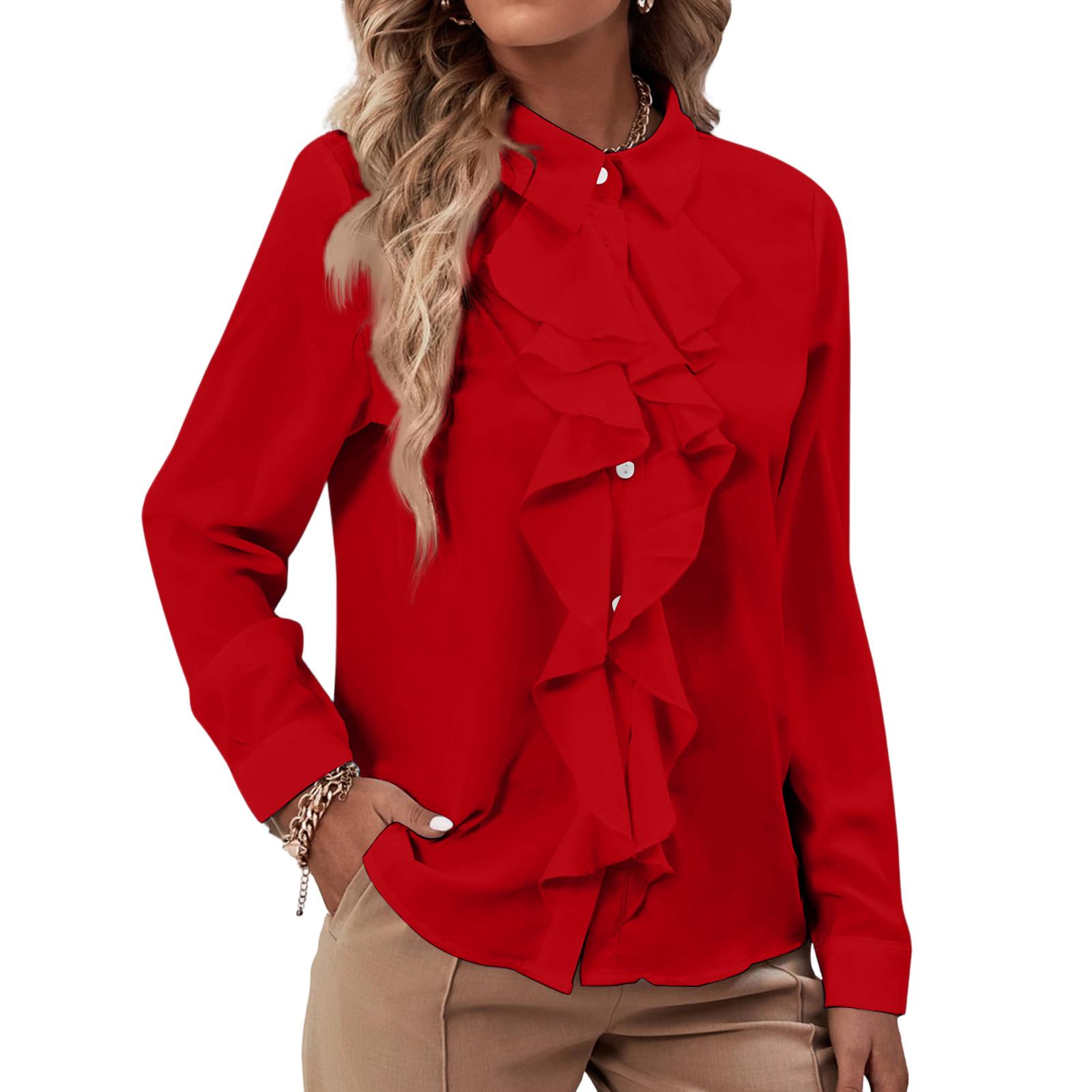 Ladies  Color Fashion Ruffle Edge Decorative Shirt Top XL красный