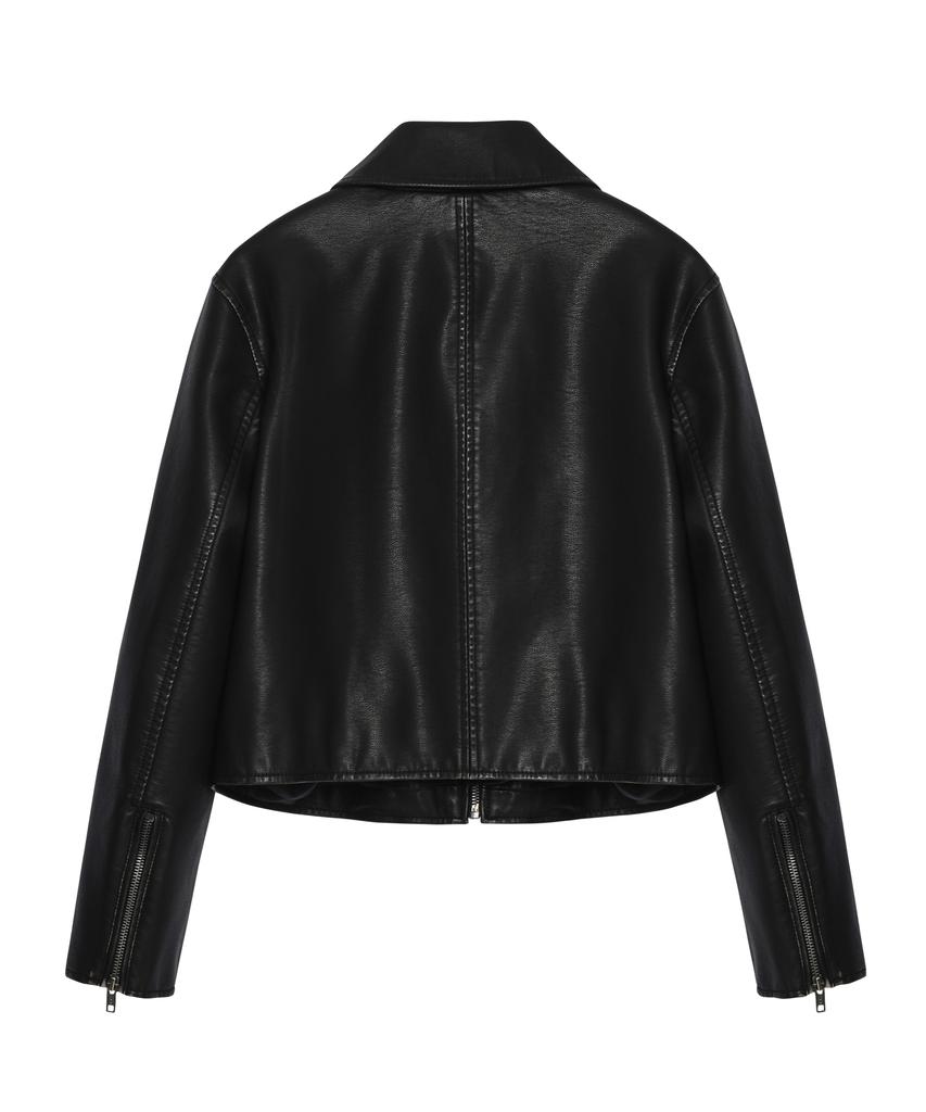 Leftseoul Synthetic Leather Washed Crop Jacket [Black]